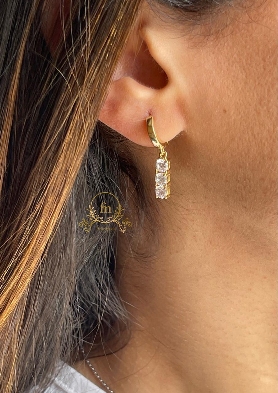 Three white zircon stones silver earrings gold plated