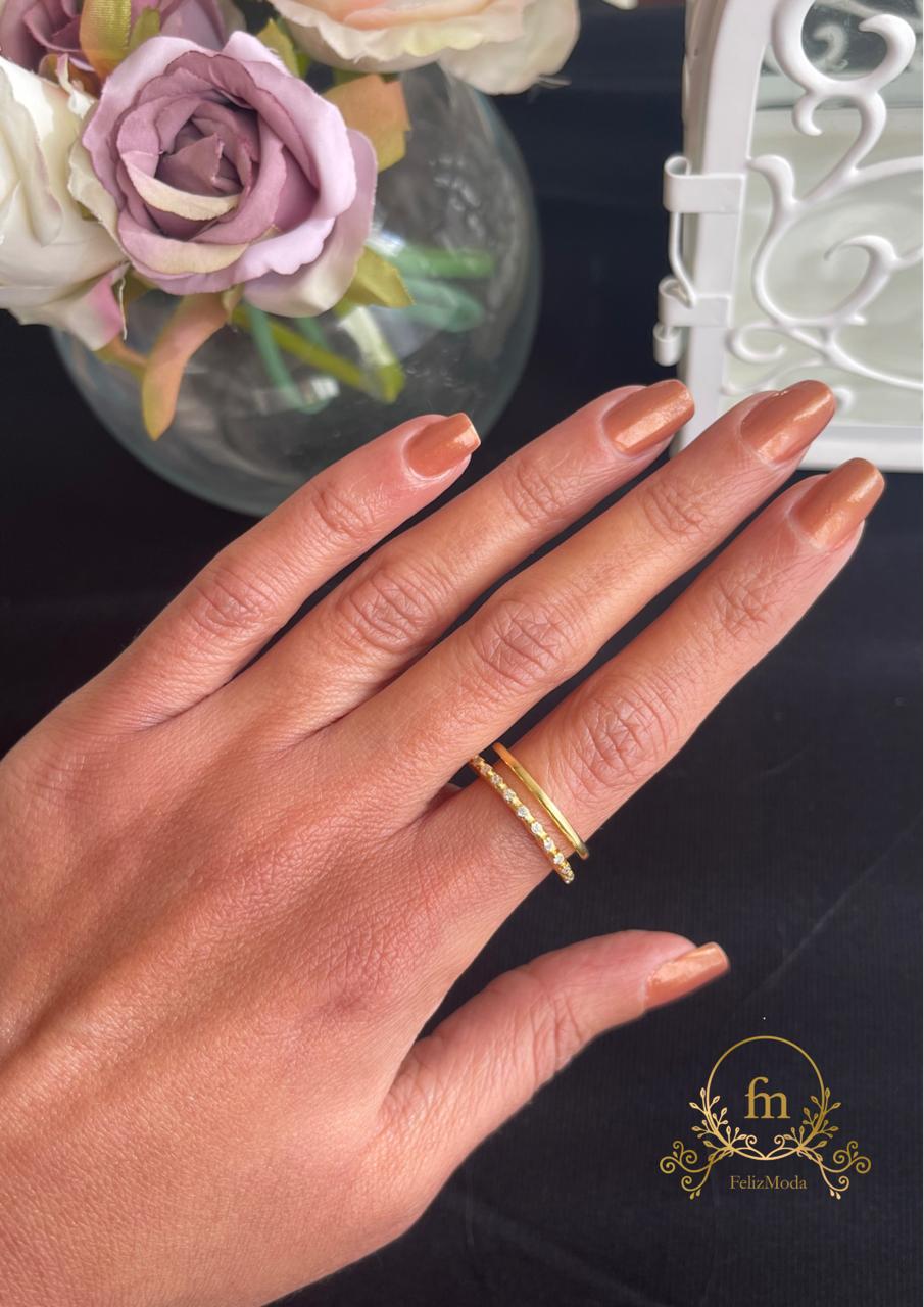 Two bands silver ring one plain one with zircon stones free size gold plated