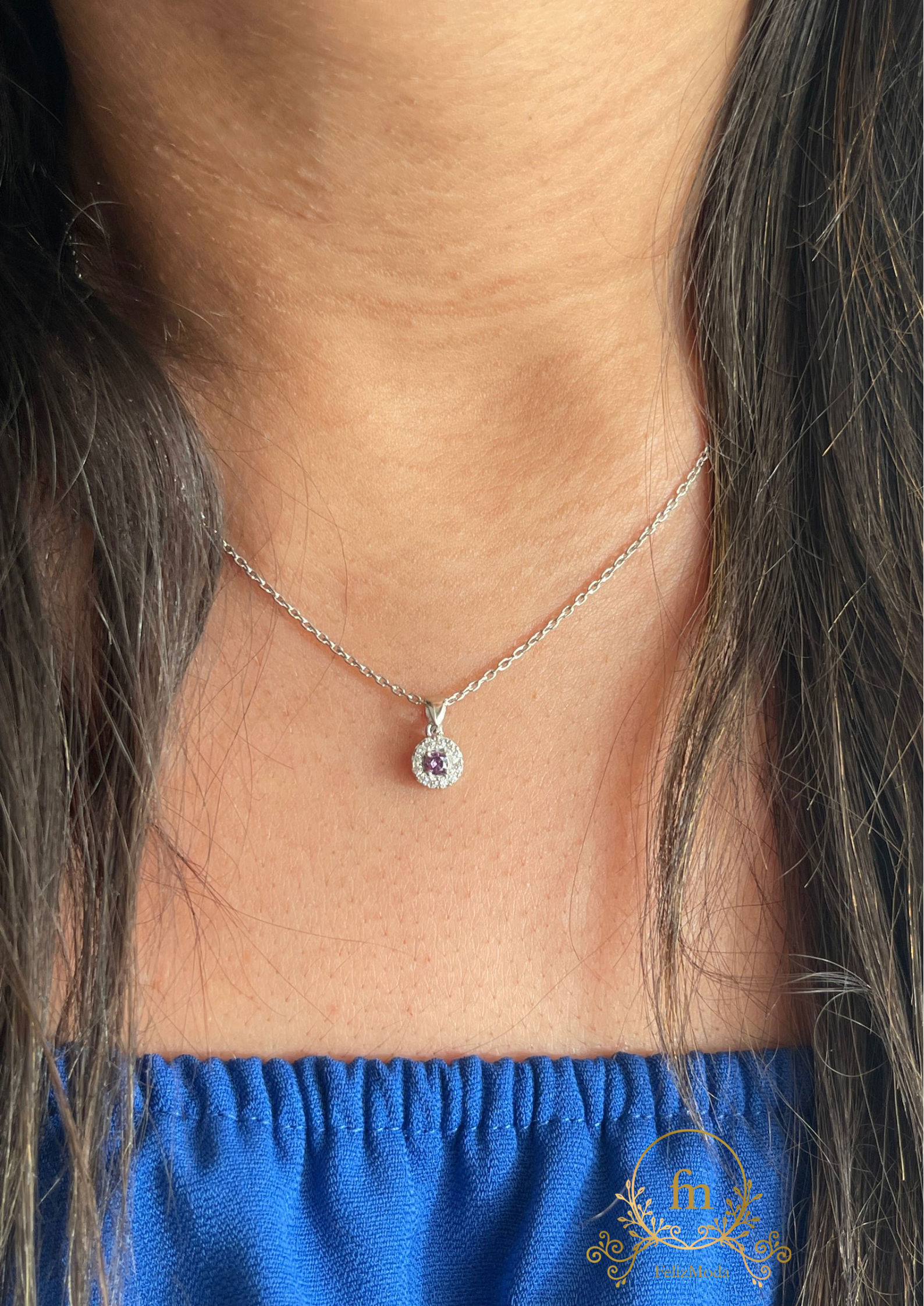 Purple round stone silver necklace