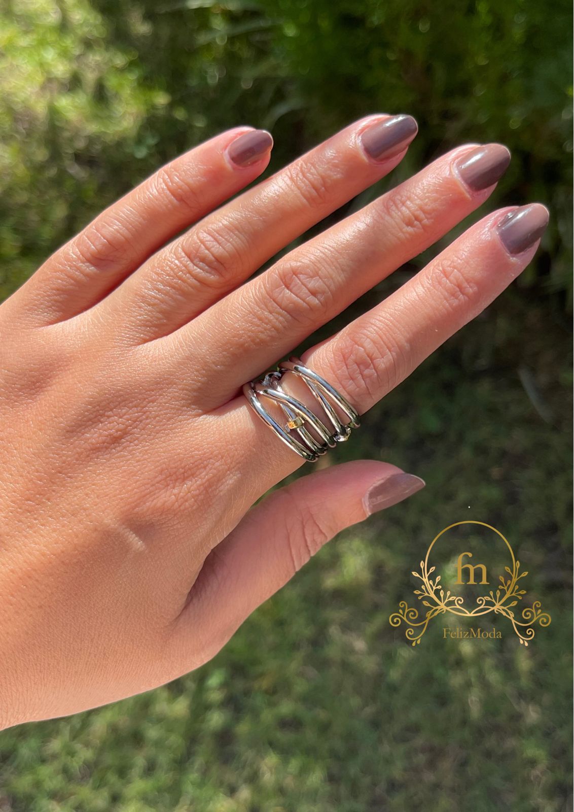 Multiple layers silver ring with gold beads