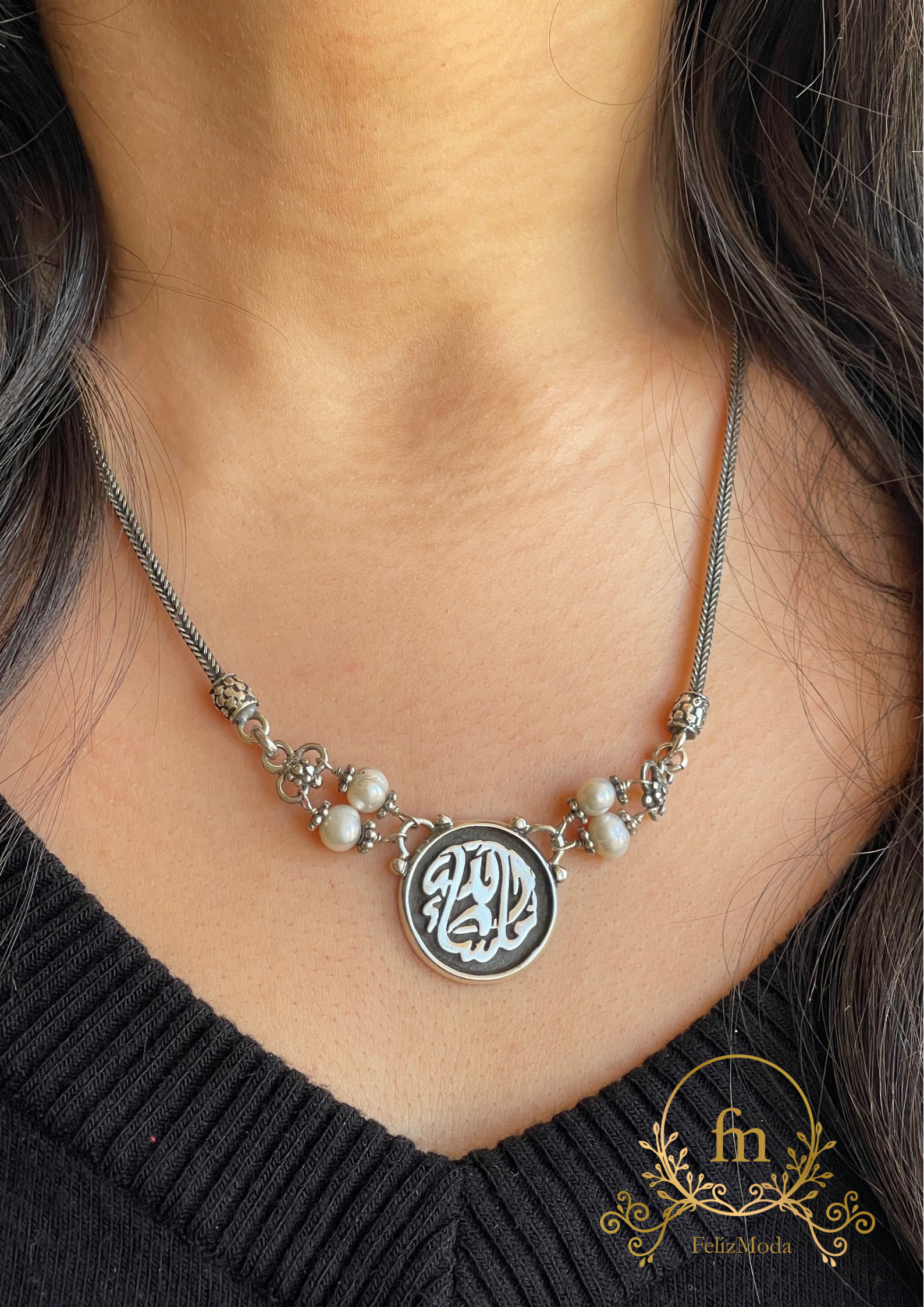 ماشاء الله Silver necklace with side pearls