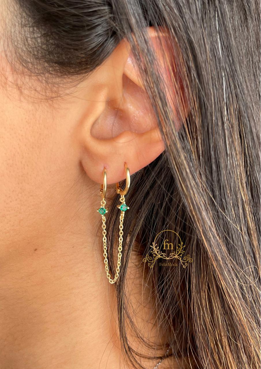Connected earrings with necklace green stones silver gold plated ( by piece)