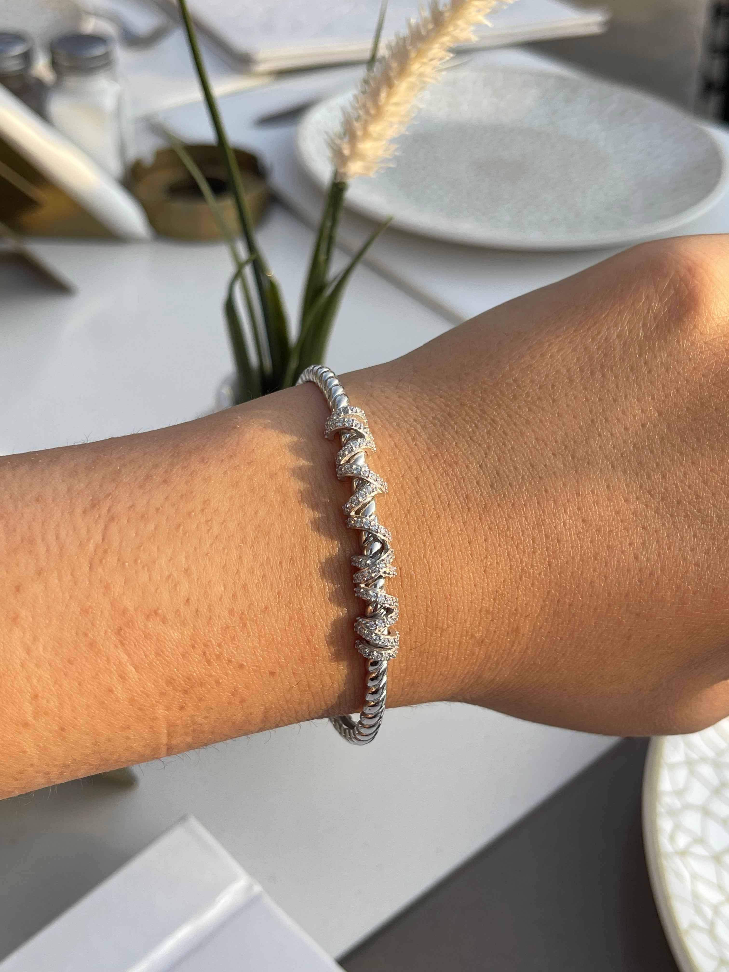 Braided silver bangle free size adjustable