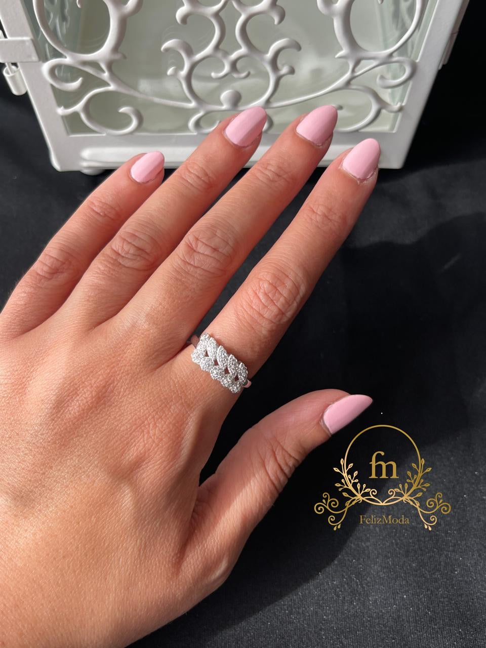 Tree leaves zircon stones silver ring