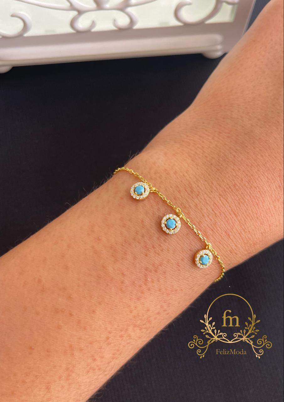 Three dangling Fayrouz stones silver bracelet gold plated