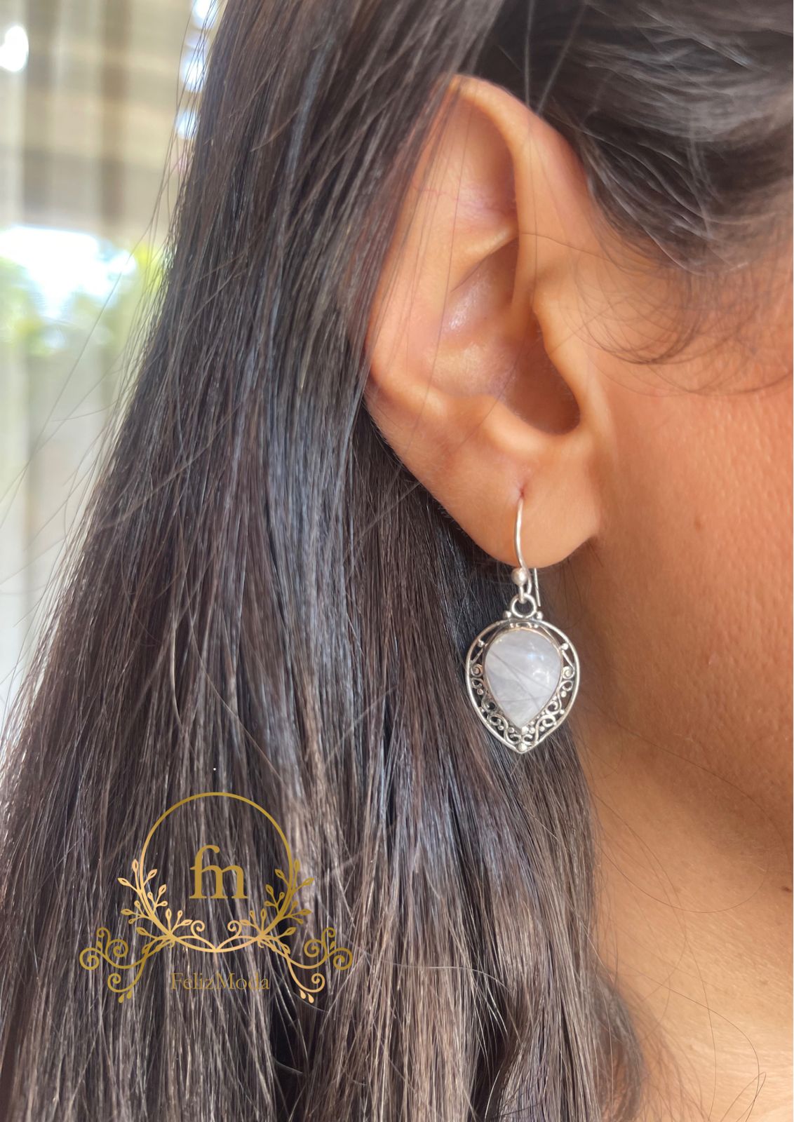 Gray stone silver earrings with frame