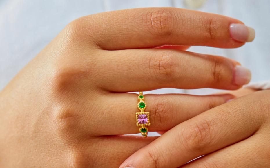 Silver ring with square purple stone and round green stones gold plated free size