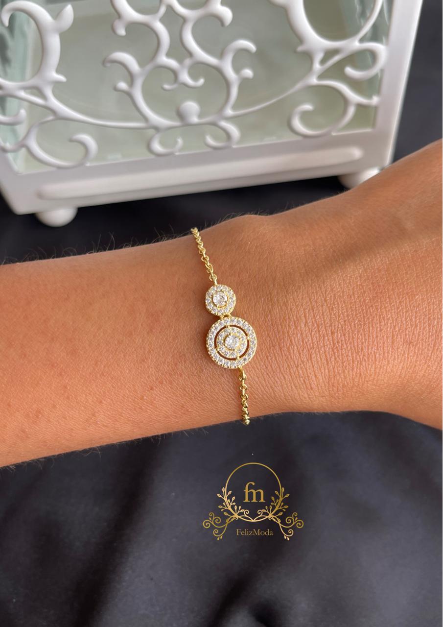 Two round pendants silver bracelet gold plated with zircon stones
