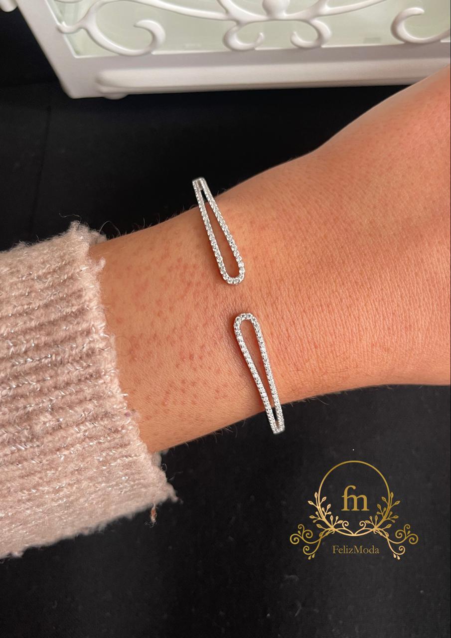 Two long oval pendants silver bangle with zircon stones