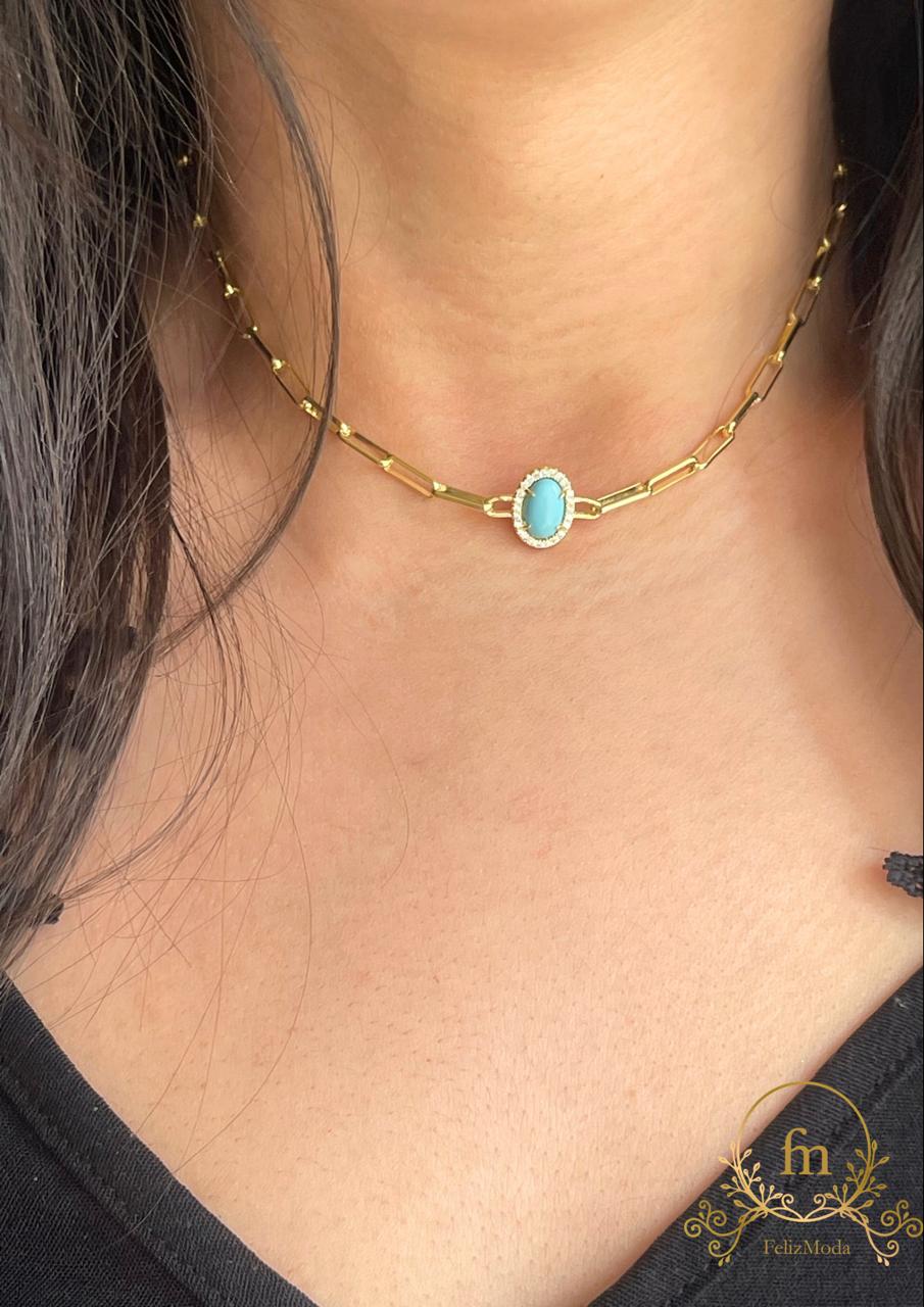 OvaL Fayrouz stone with connected chains silver necklace gold plated