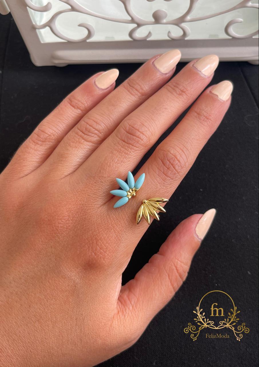 Fayrouz and silver flower ring free size adjustable gold plated