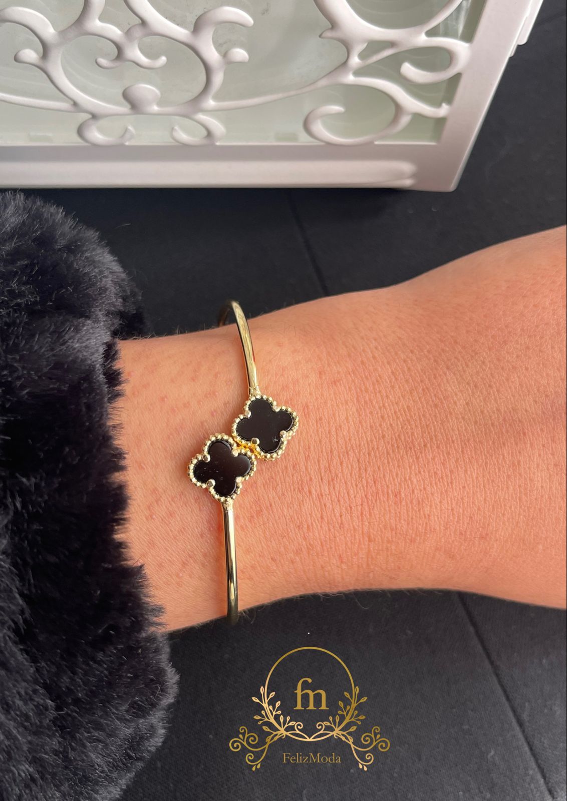 Black stones trendy silver bangle gold plated