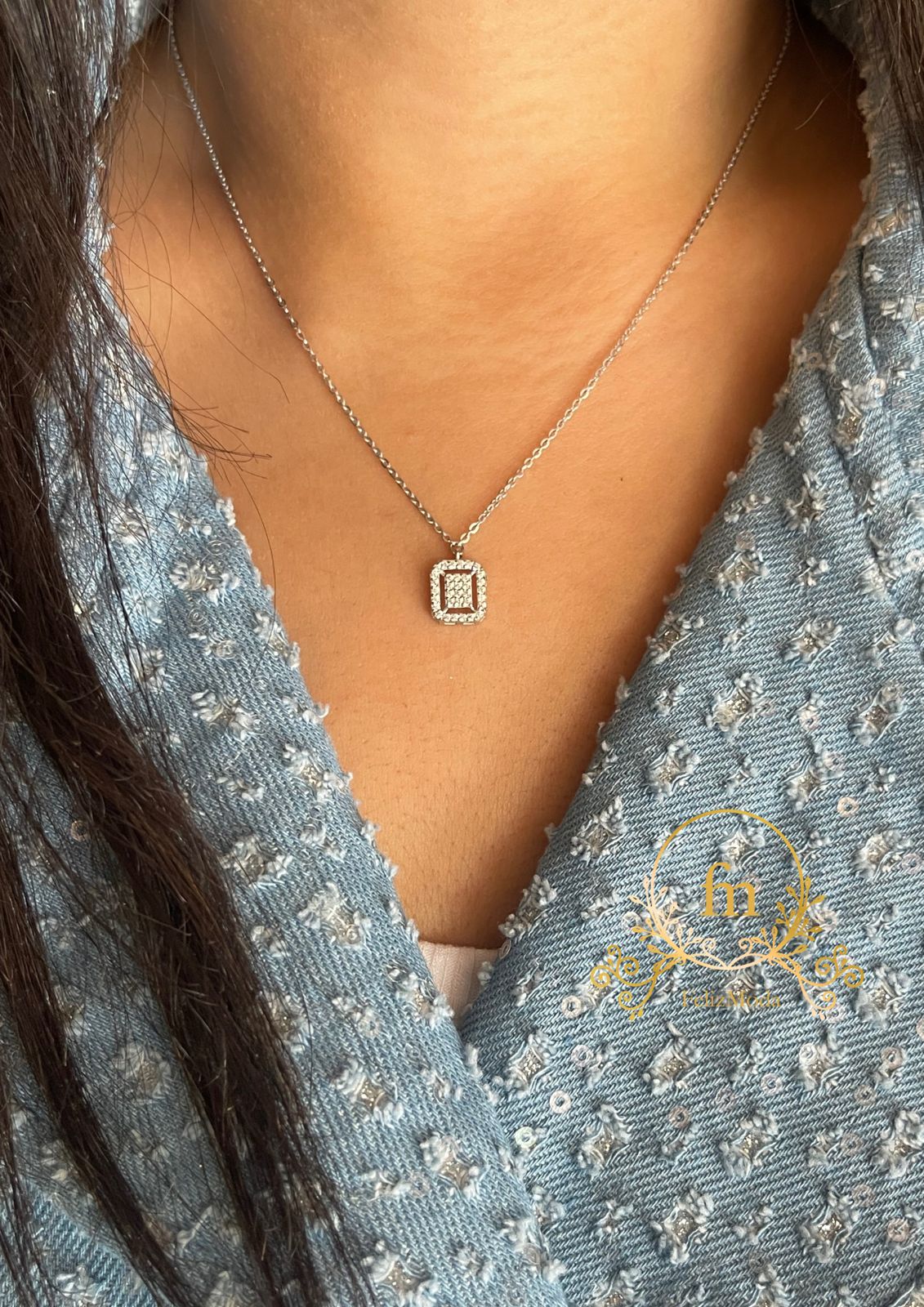 Square zircon stone silver necklace