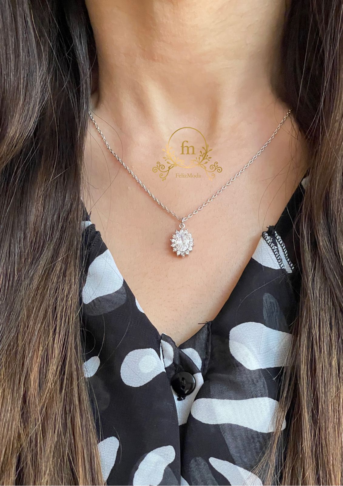 Zircon stone silver necklace flower shape -MODA025