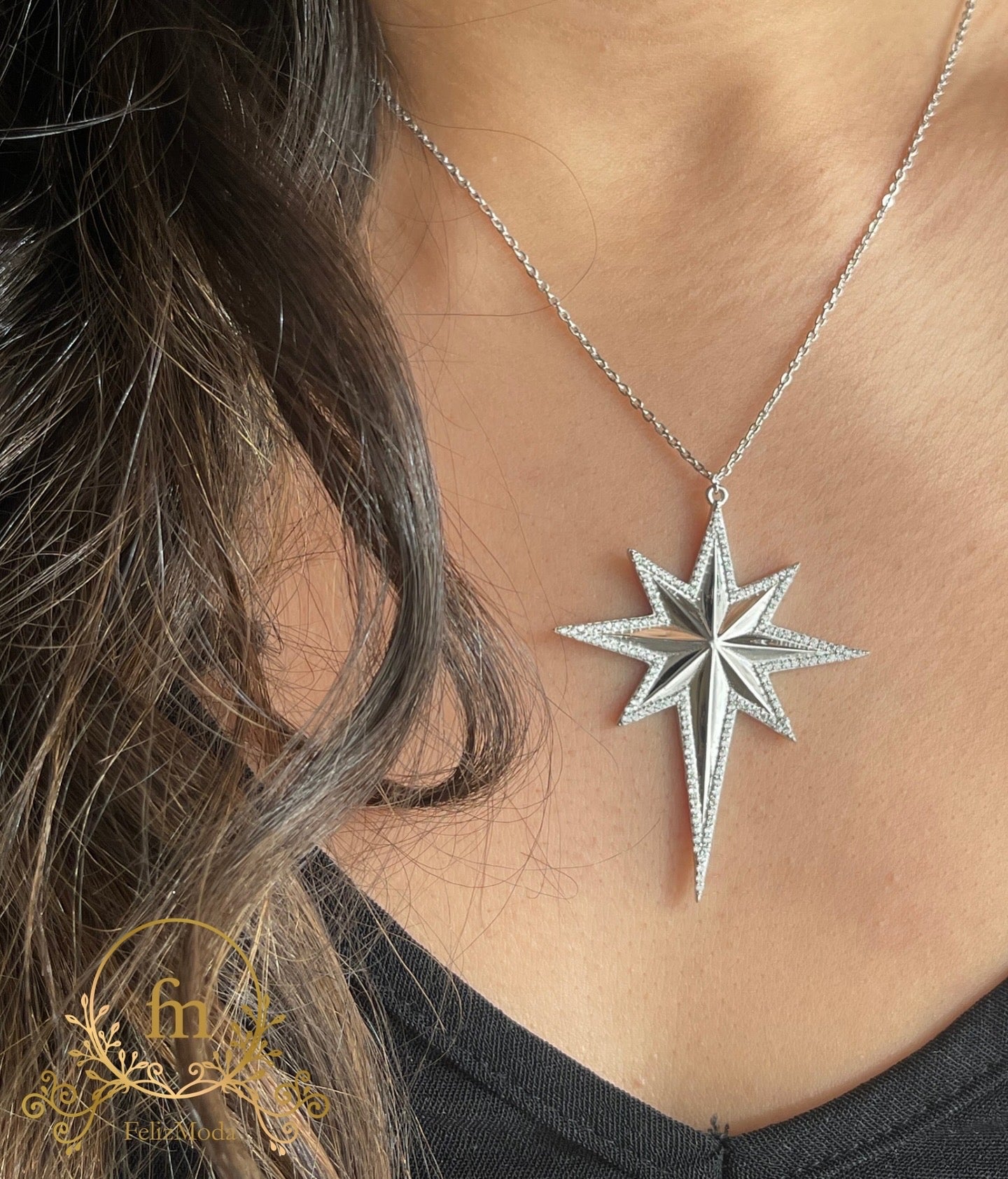 Large North star silver necklace -FM03