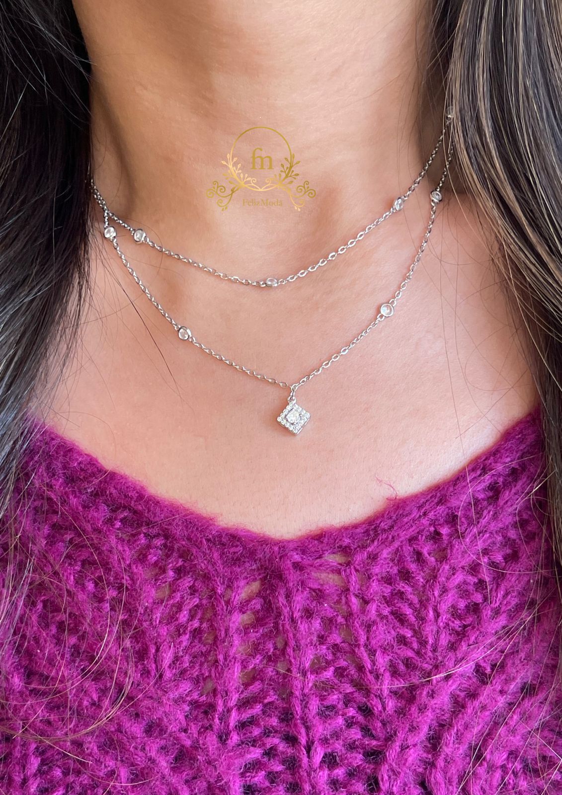 Double layered silver necklace with square pendant and side stones -MODA031