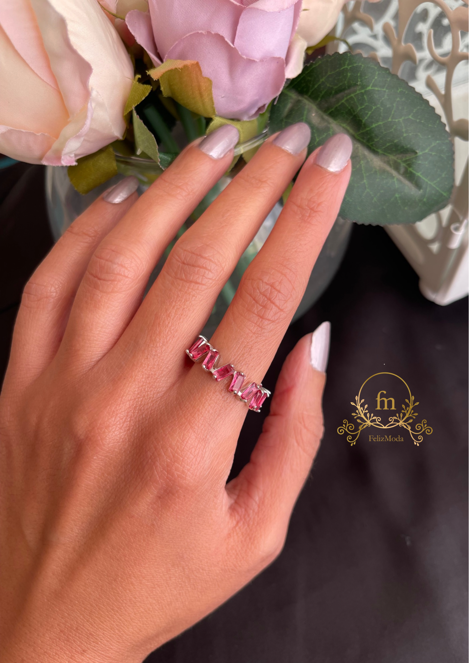 Pink stones silver band