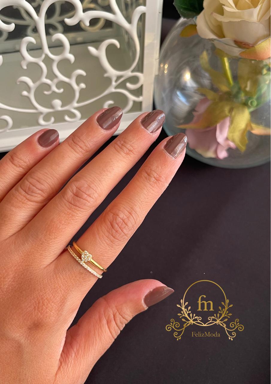 Double layered heart silver ring with zircon stones gold plated