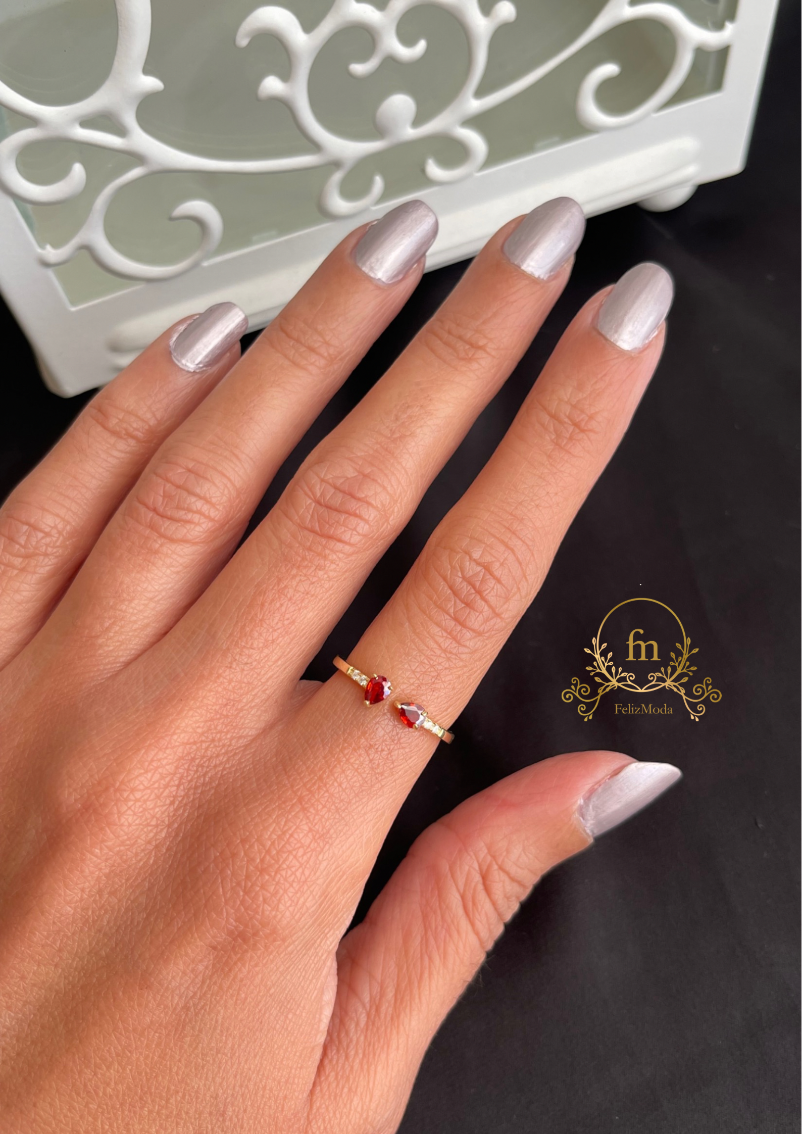 Two red stones silver ring gold plated free size