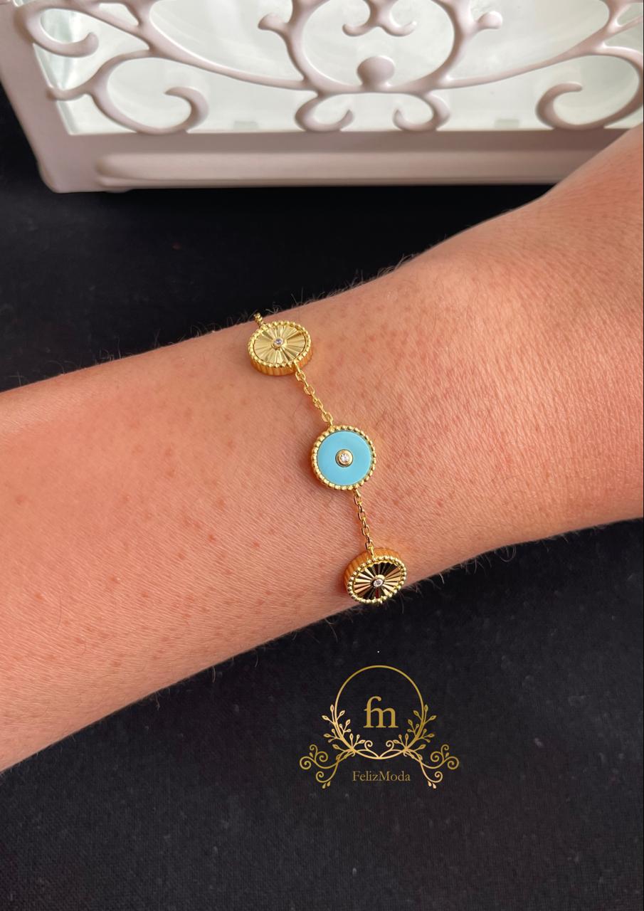 Three round pendants two silver and one Fayrouz silver bracelet gold plated