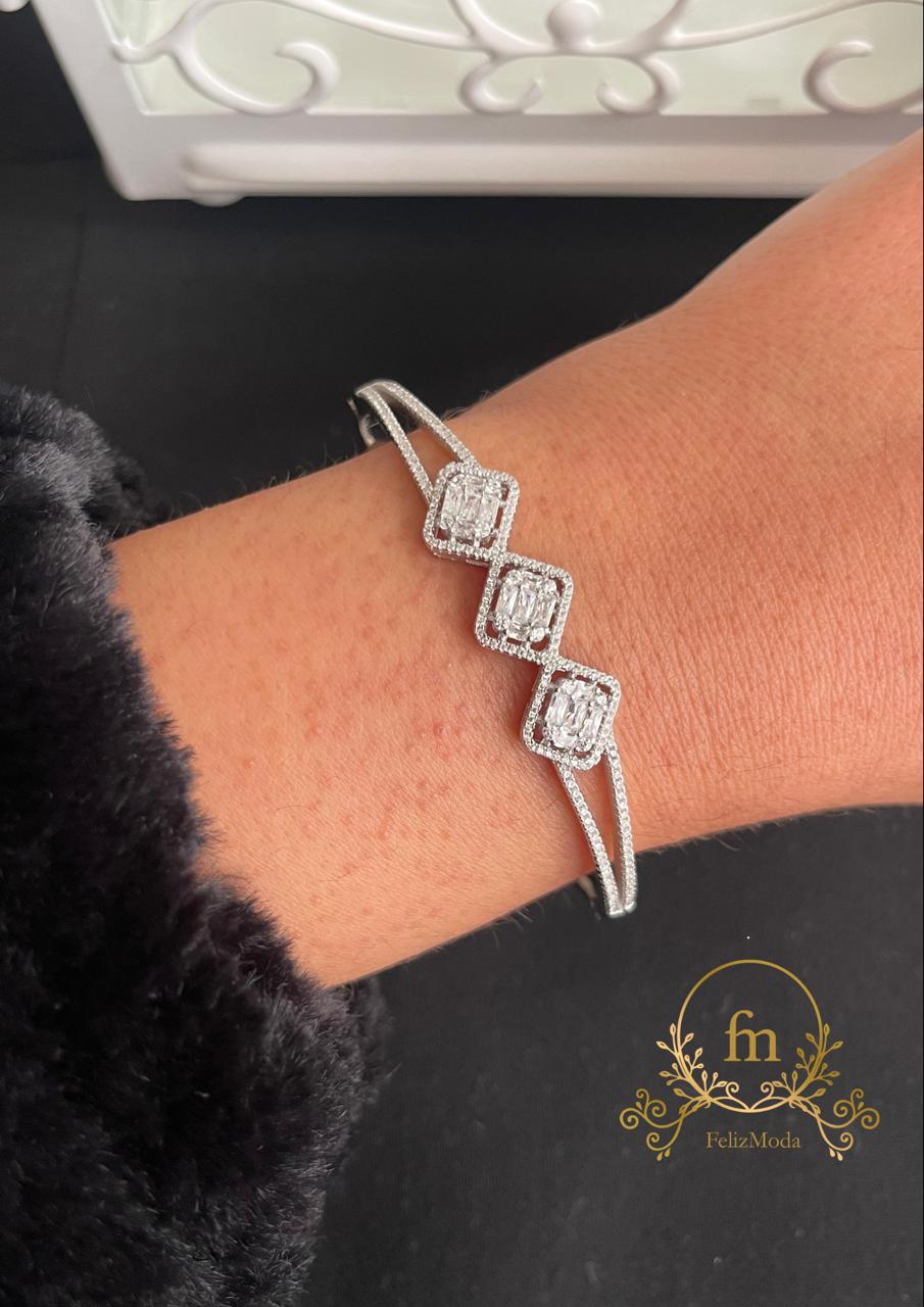 Three square stones silver bangle zircon stones