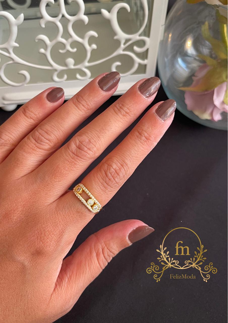 Three moving zircon stones silver ring gold plated