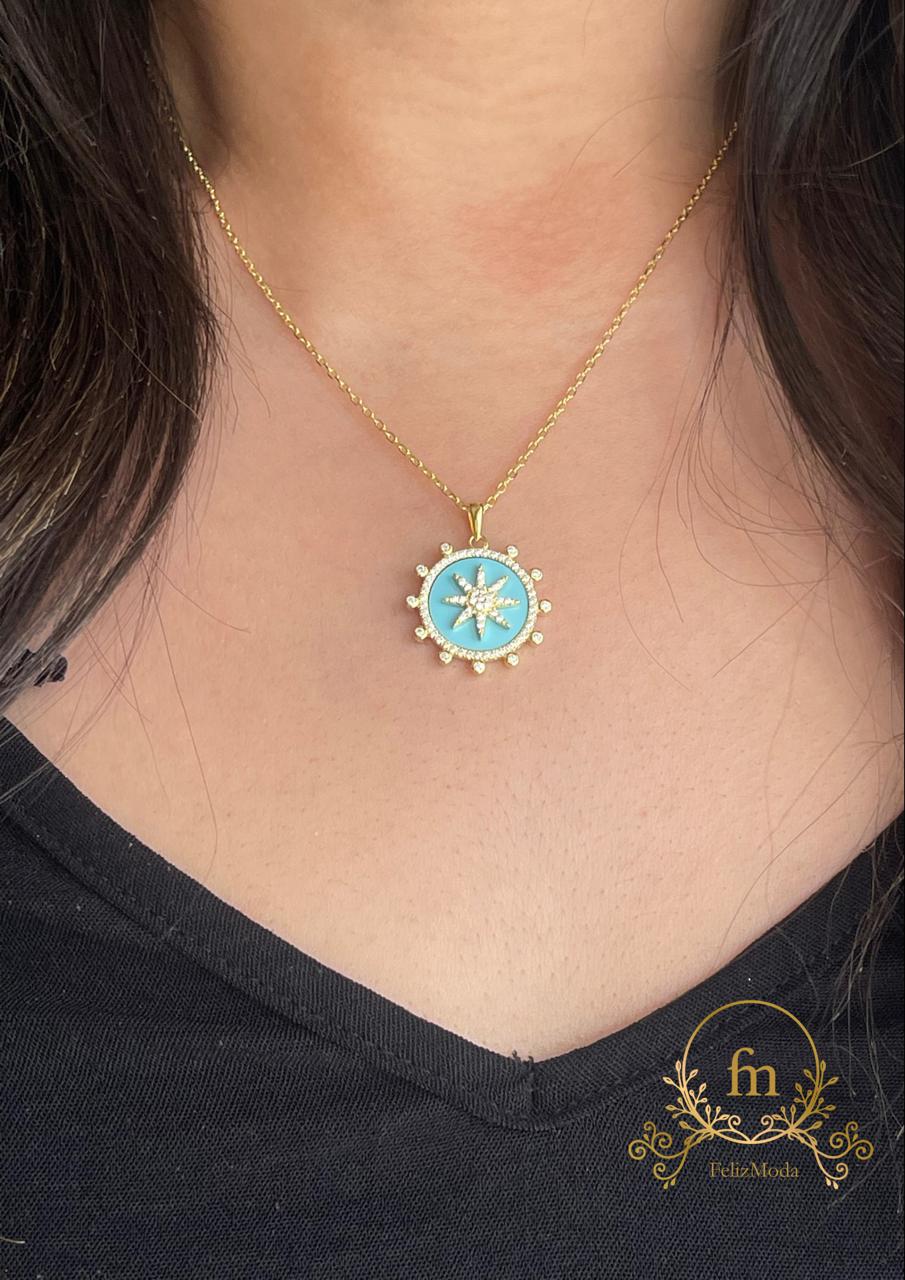 Sun Fayrouz round pendant silver necklace gold plated