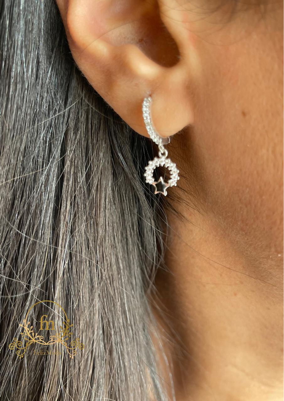 Black star round pendant silver earrings - FM11