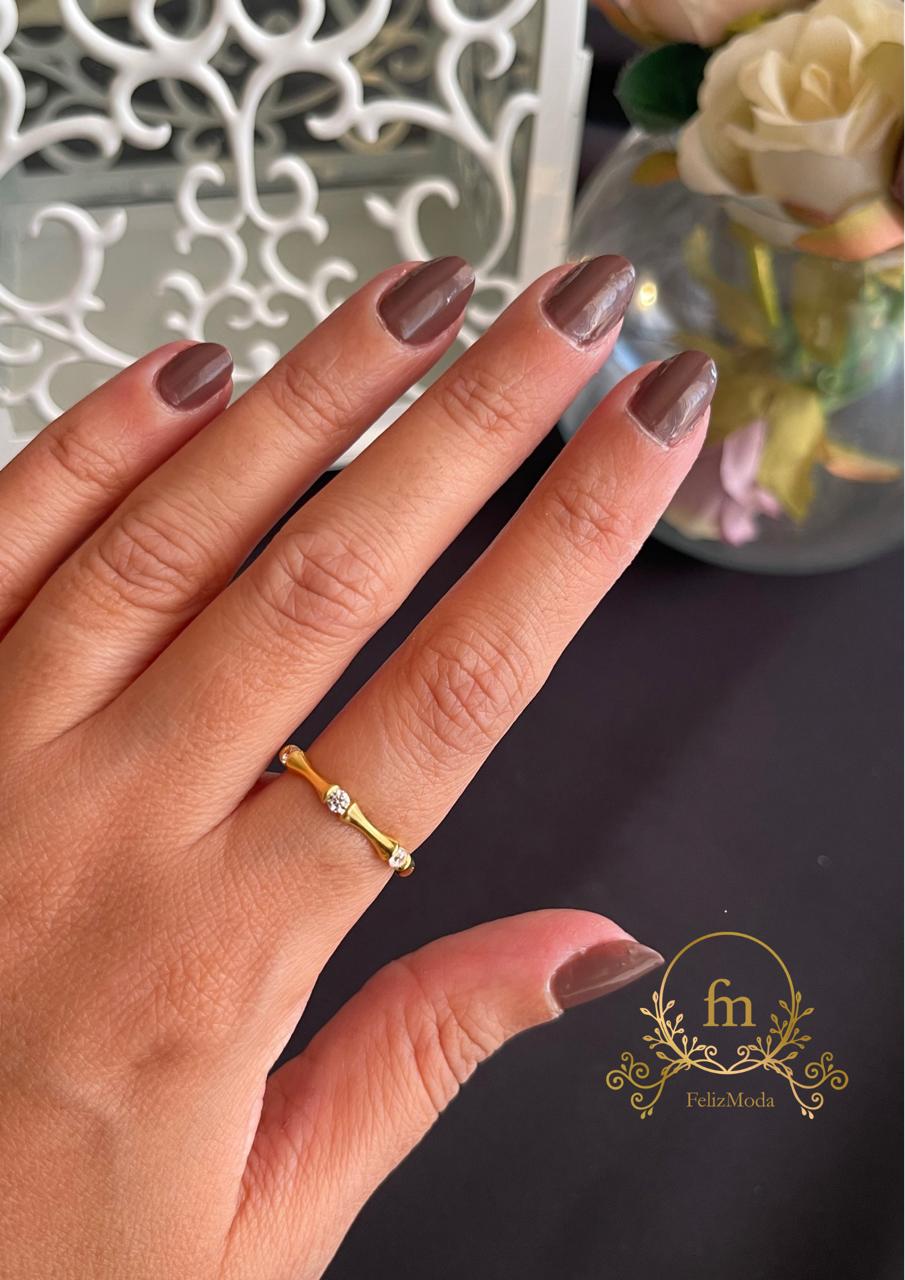 Bamboo lucky silver ring gold plated with zircon stones