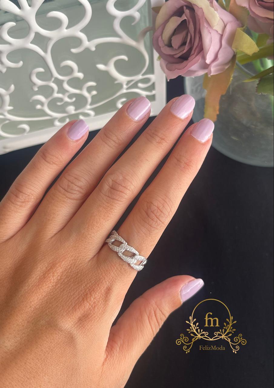 Connected chains silver ring with zircon stone free size