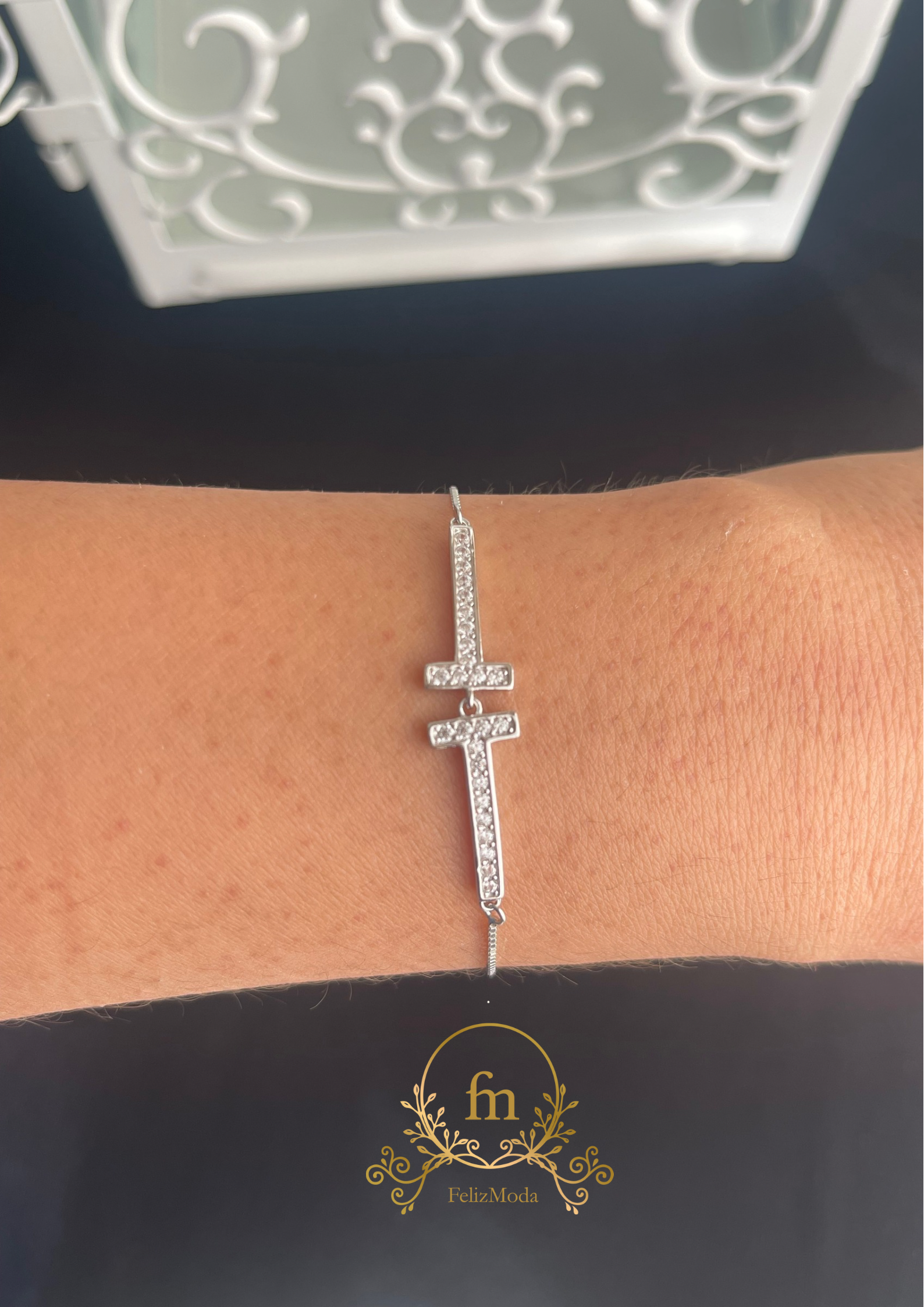 Trendy Double T silver bracelet with zircon stones