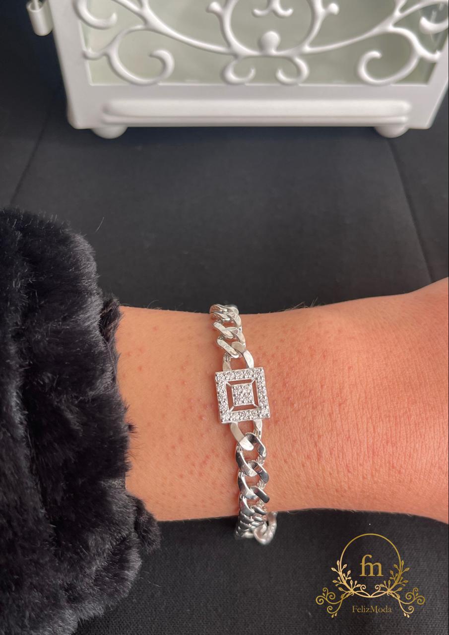 Square stone braided silver tennis bracelet