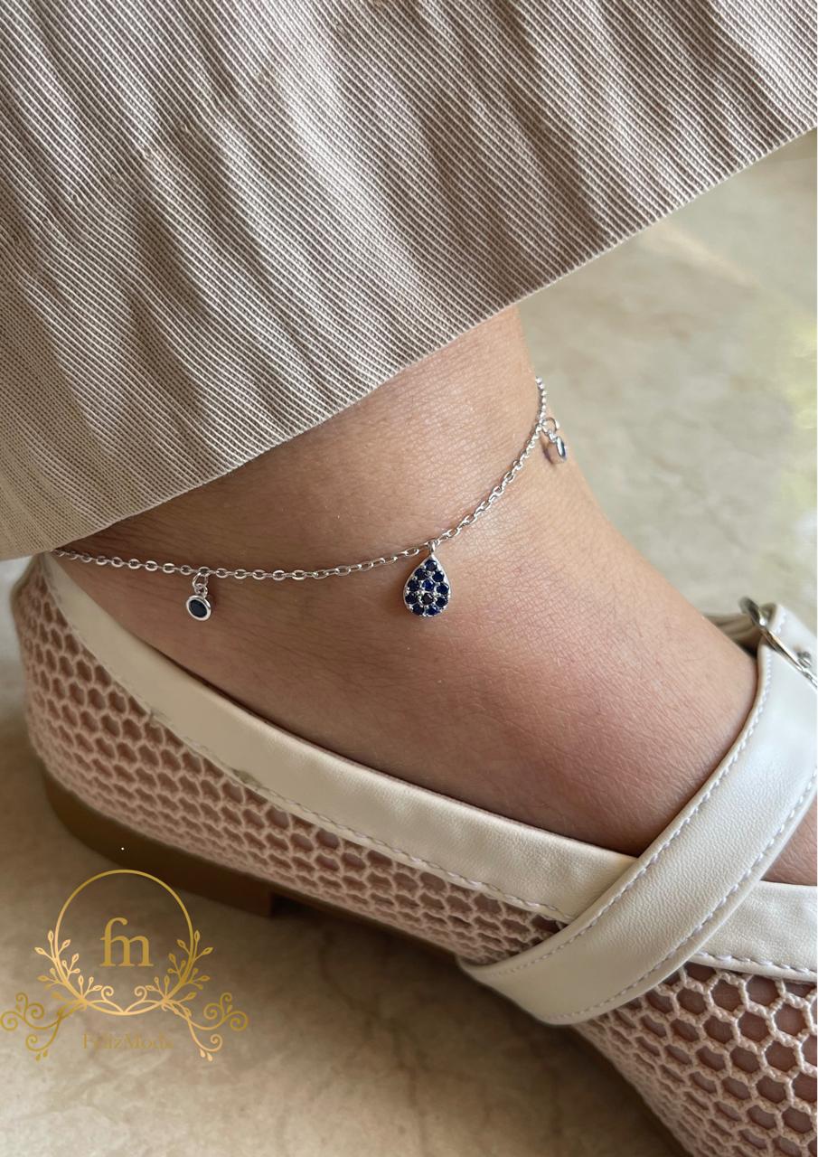 Blue oval stone silver anklet with side blue stones