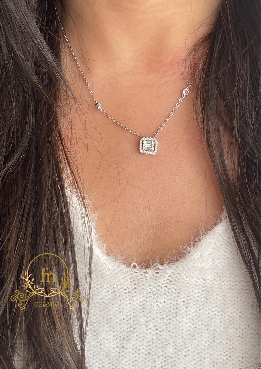 Square zircon stones silver necklace with two side stones