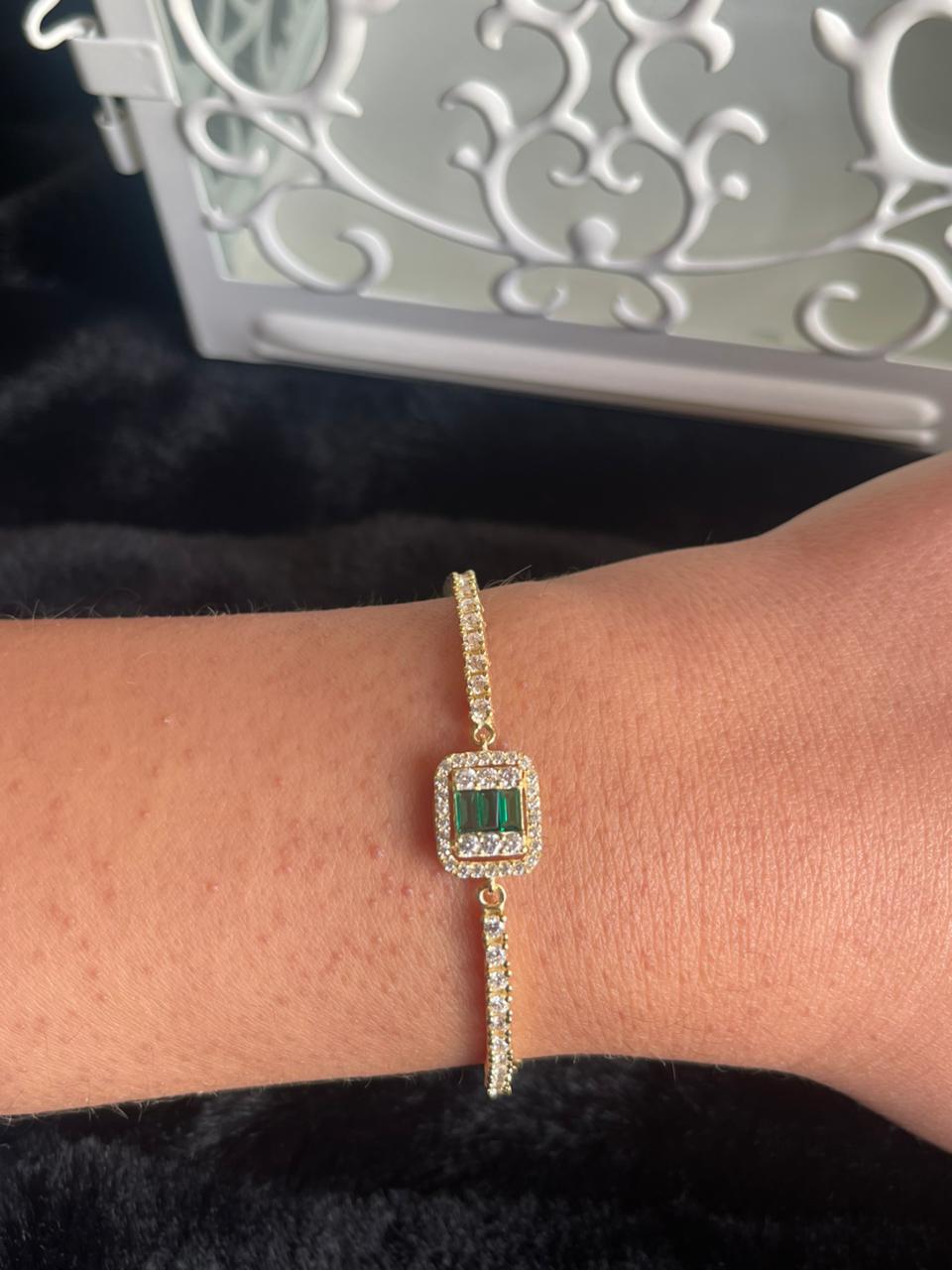 Green square stone silver bracelet with side zircon stones gold plated