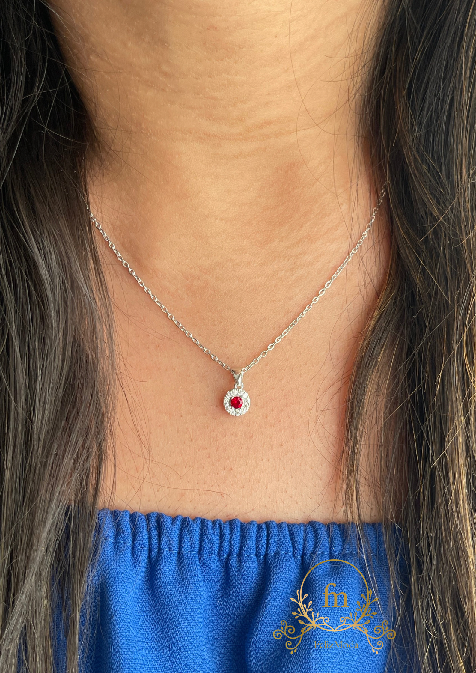 Red round stone silver necklace