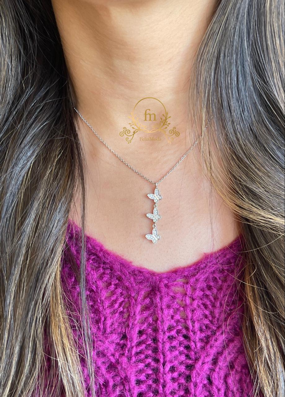 Three dangling butterflies silver necklace
