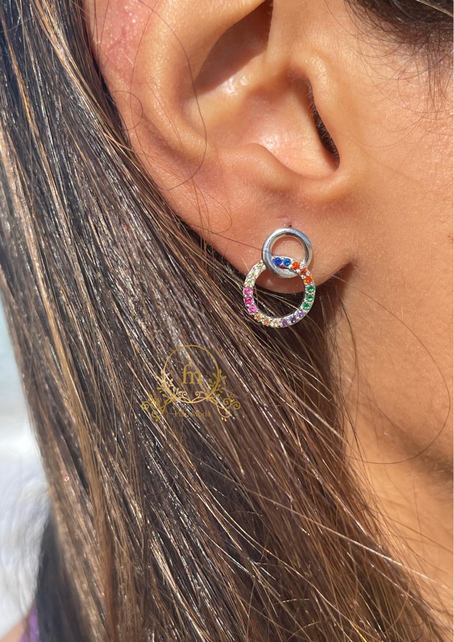 Two circled silver earrings with colorful stones