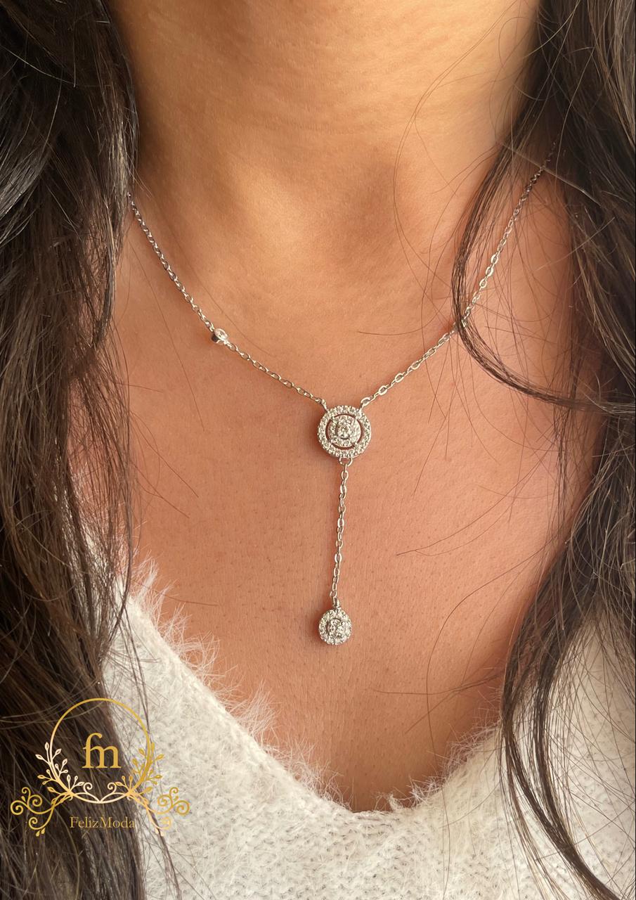 Long two round pendant zircon stones silver necklace