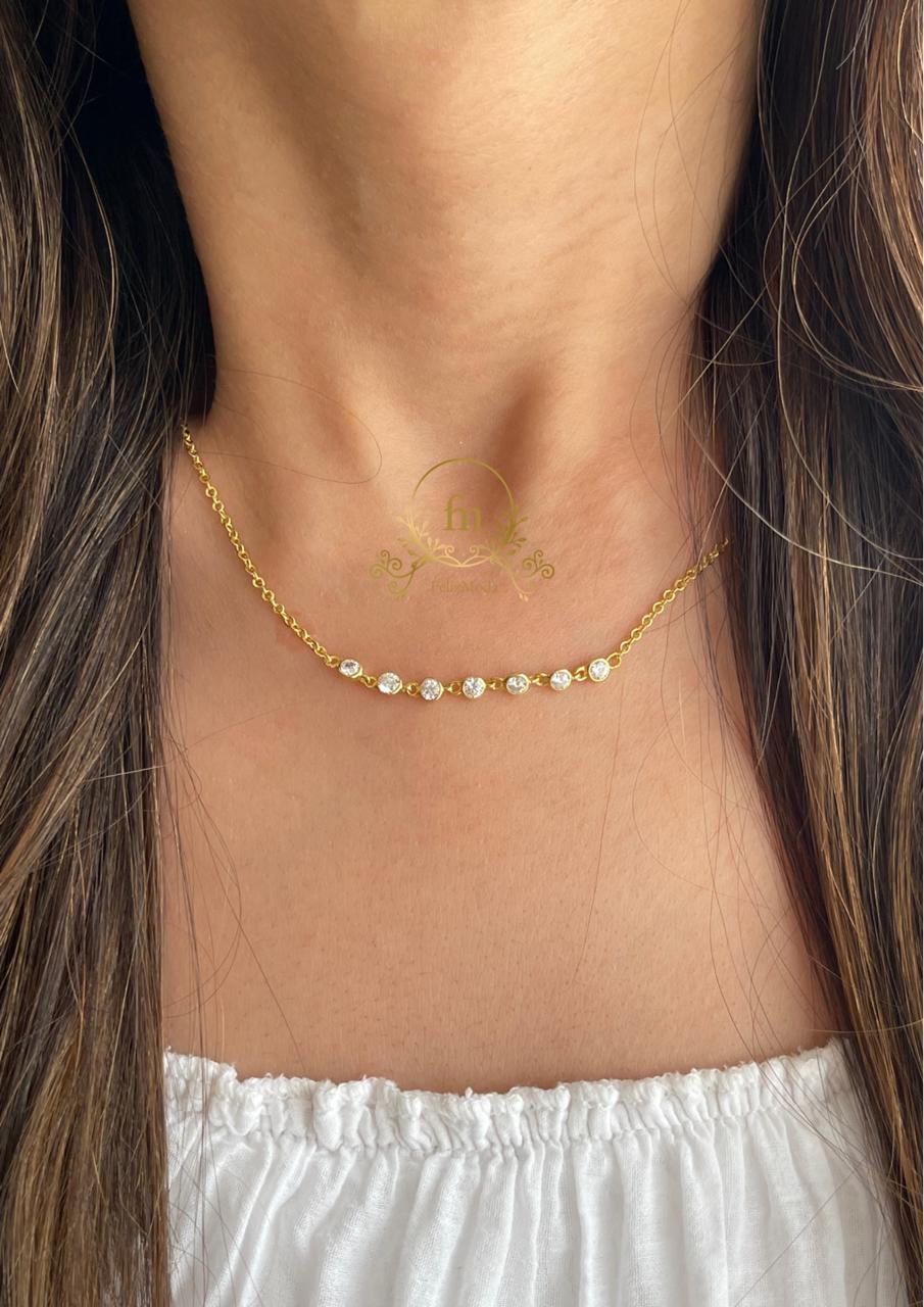 Silver necklace with multiple white stones gold plated - F03