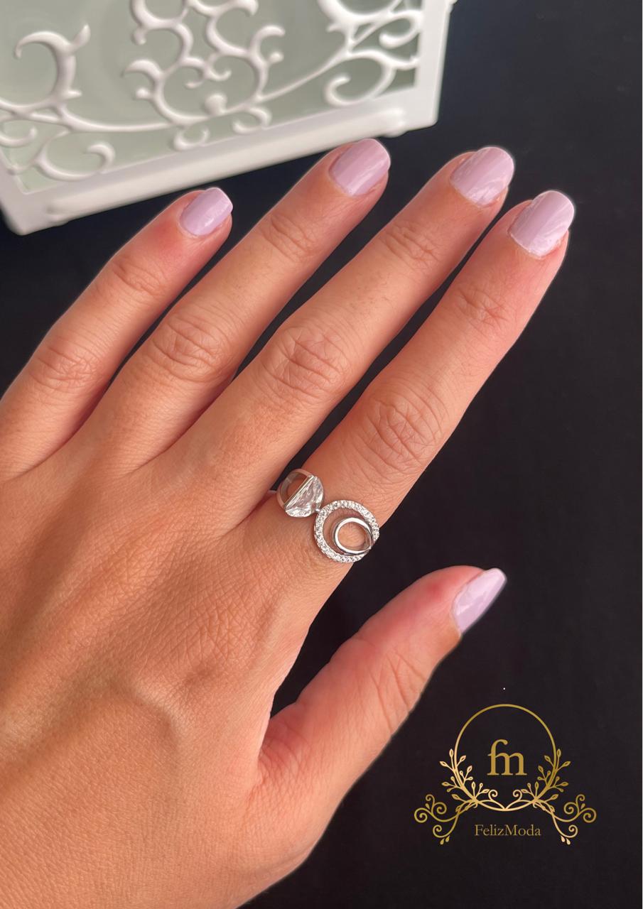 Crystal and two circles silver ring