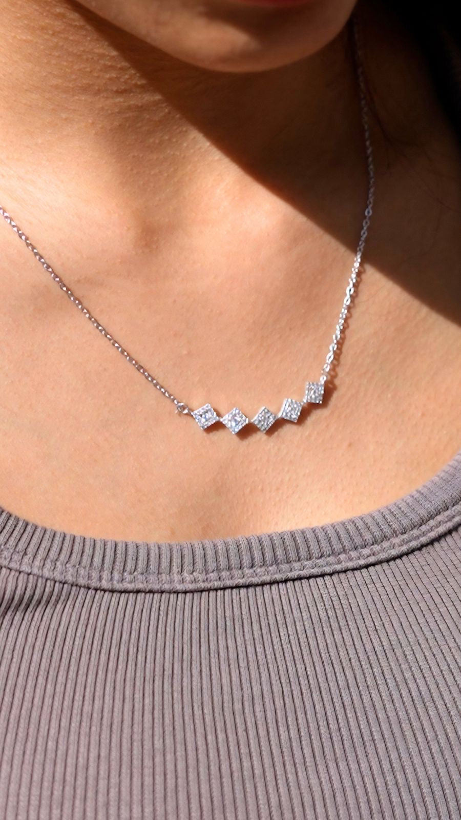 Five square pendants silver necklace zircon stones -FM21