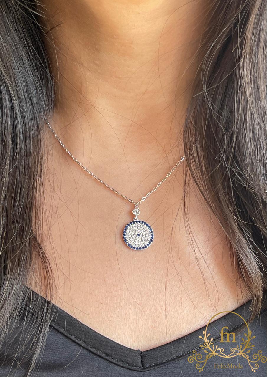 Blue eye silver necklace with zircon stones