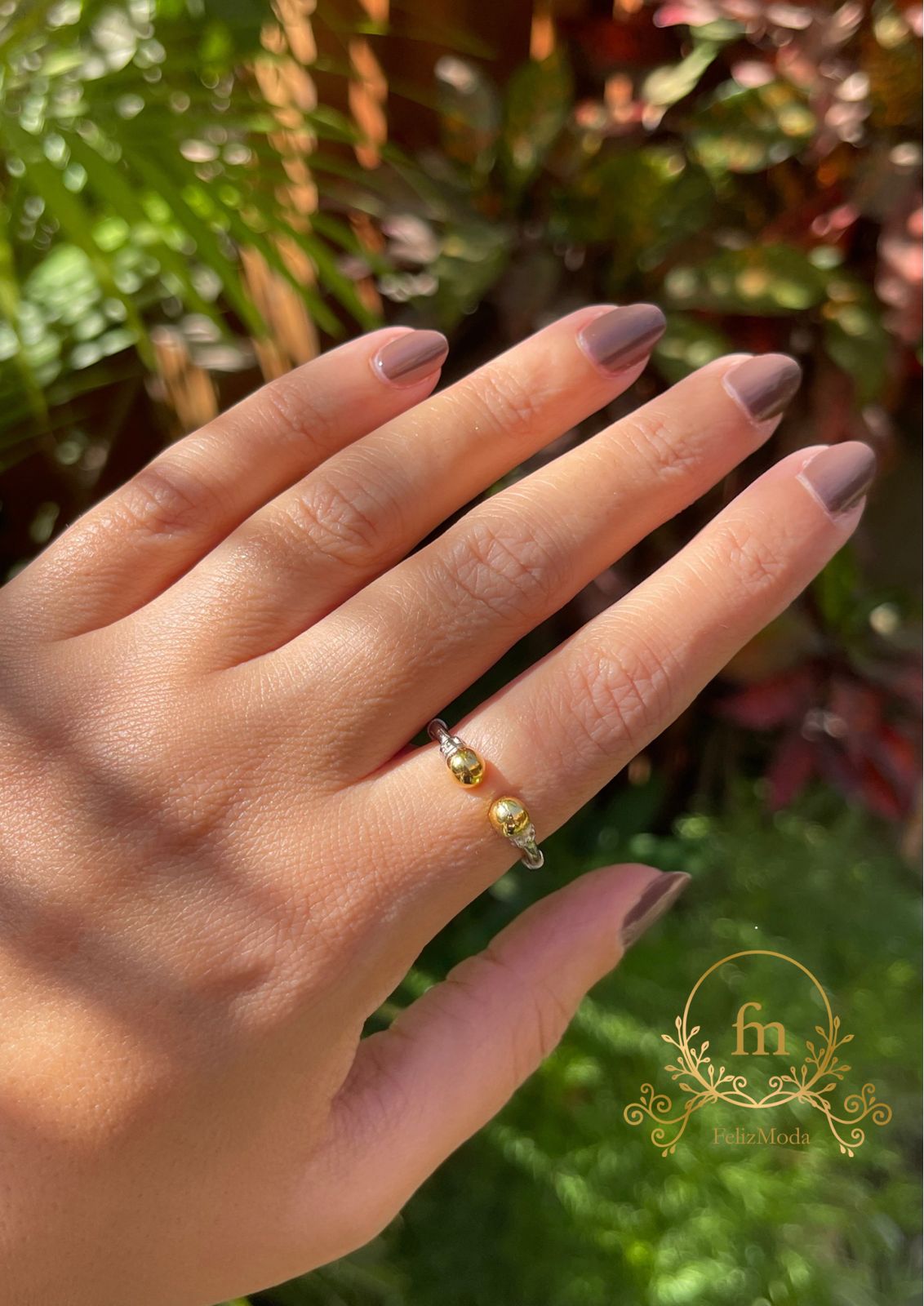 Two golden beads silver ring