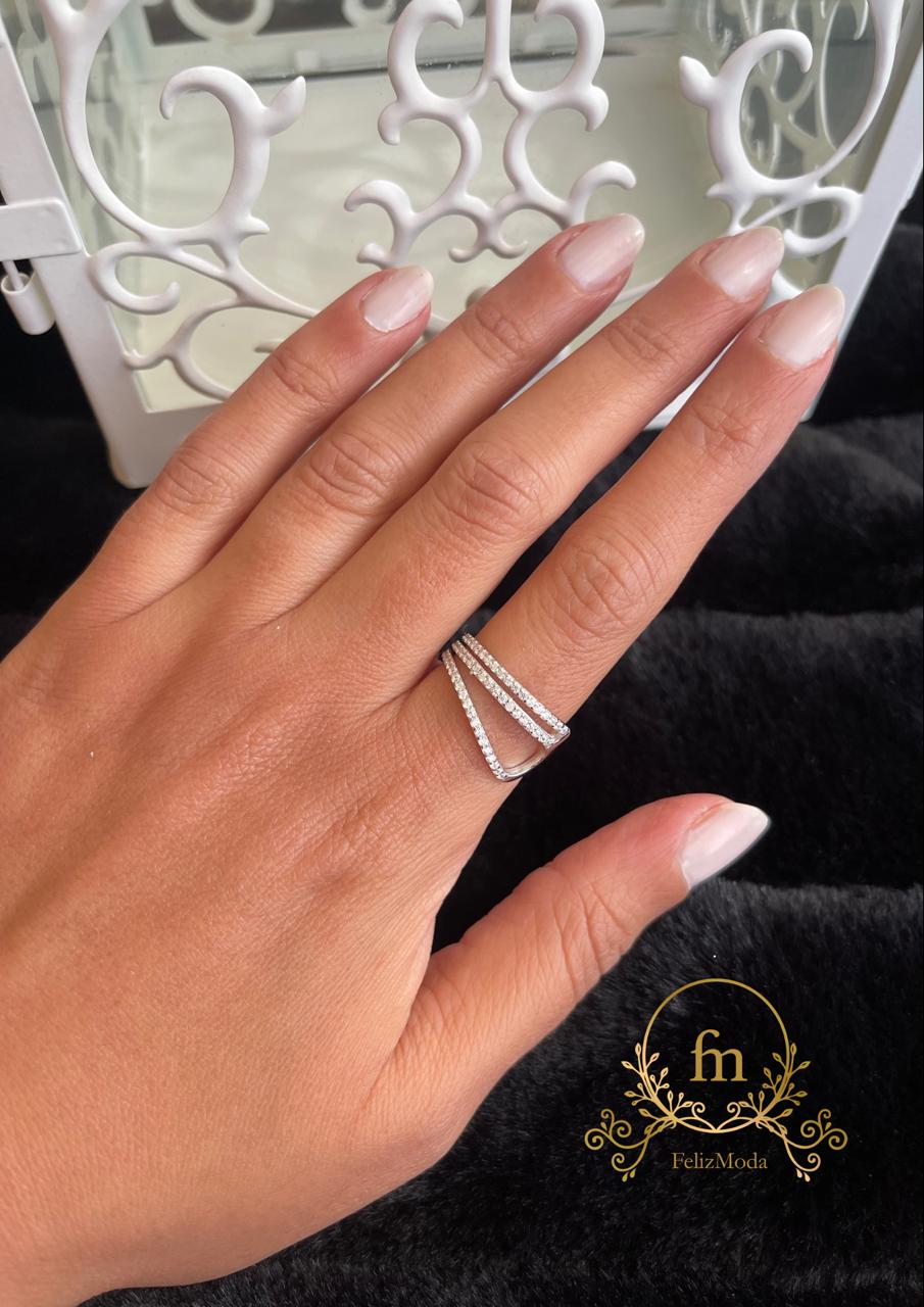 Curved and two straight lines silver ring zircon stones