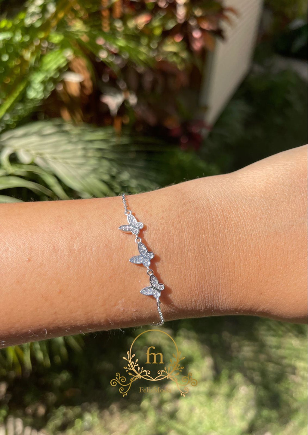 Three butterflies silver bracelet with zircon stones-BR4