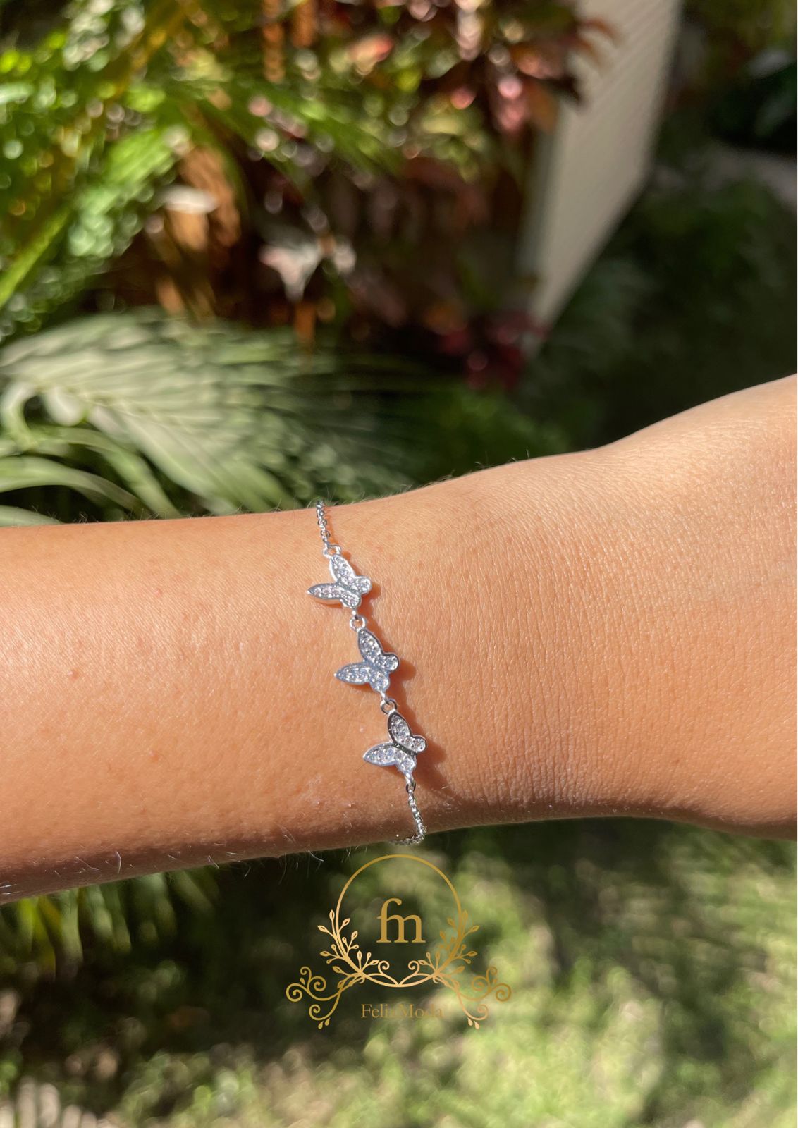 Three butterflies silver bracelet with zircon stones
