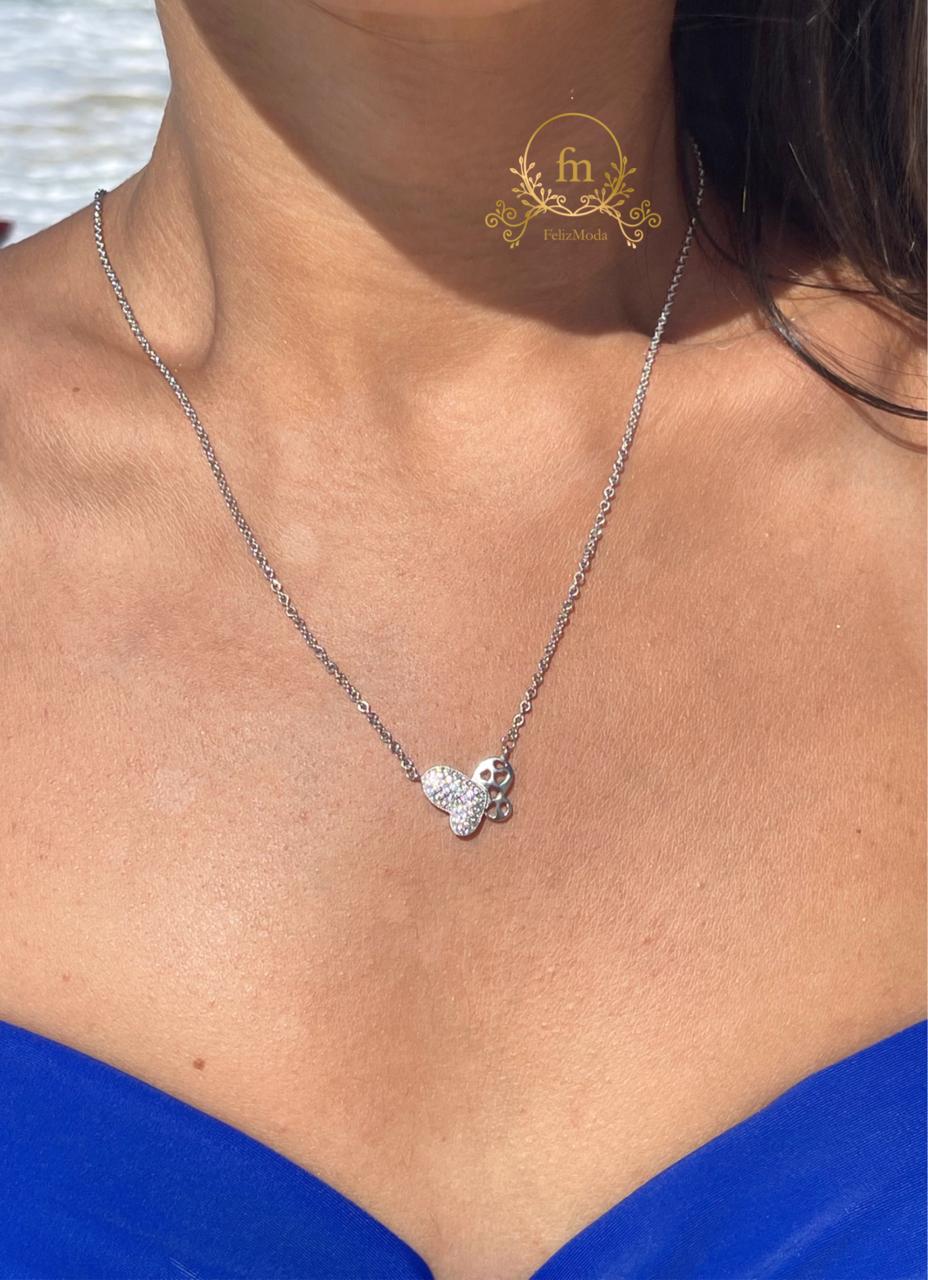 Butterfly with hearts and zircon stones silver necklace