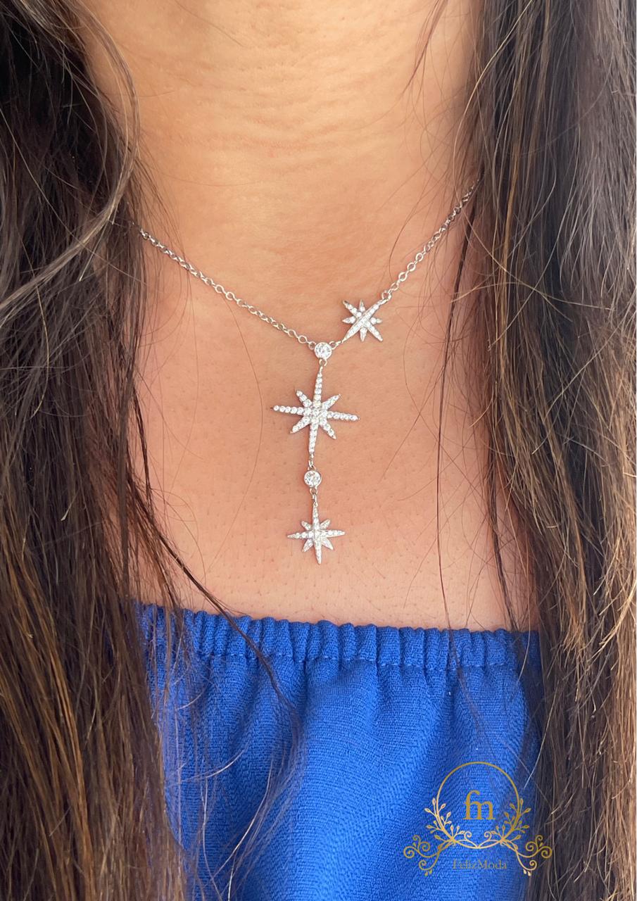 Three stars silver necklace with zircon stones