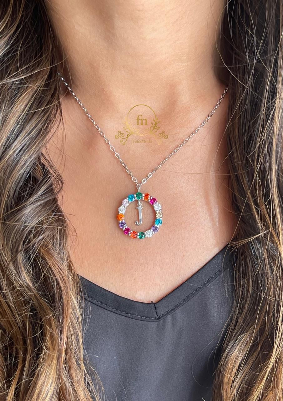 J Colorful stones silver necklace